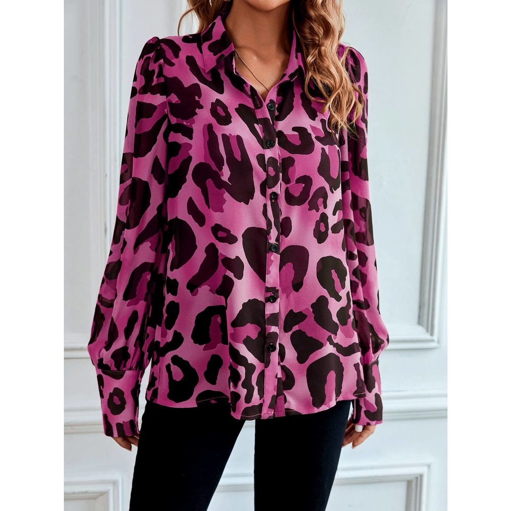 long sleeve Leopard Print Bishop Sleeve Chiffon Shirt tan - Picture 5 of 11